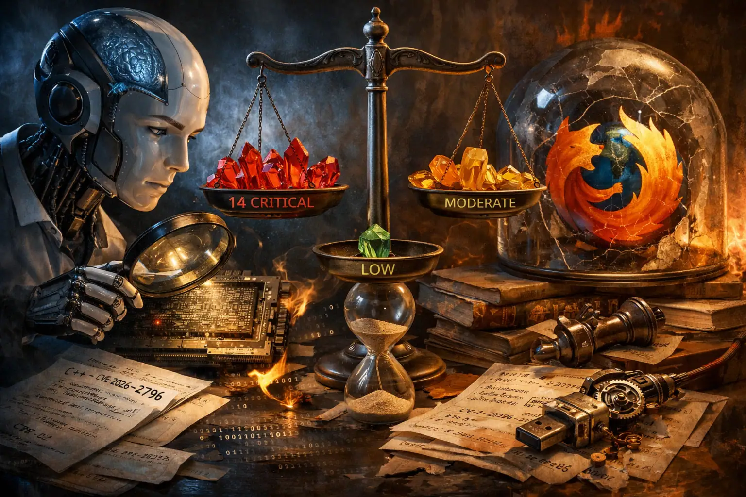 Robot examina balances de seguridad cibernética con cristales de colores.