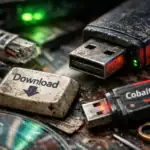 Close-up of dirty USB drives and a download button on a textured surface.