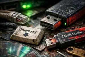 Close-up of dirty USB drives and a download button on a textured surface.