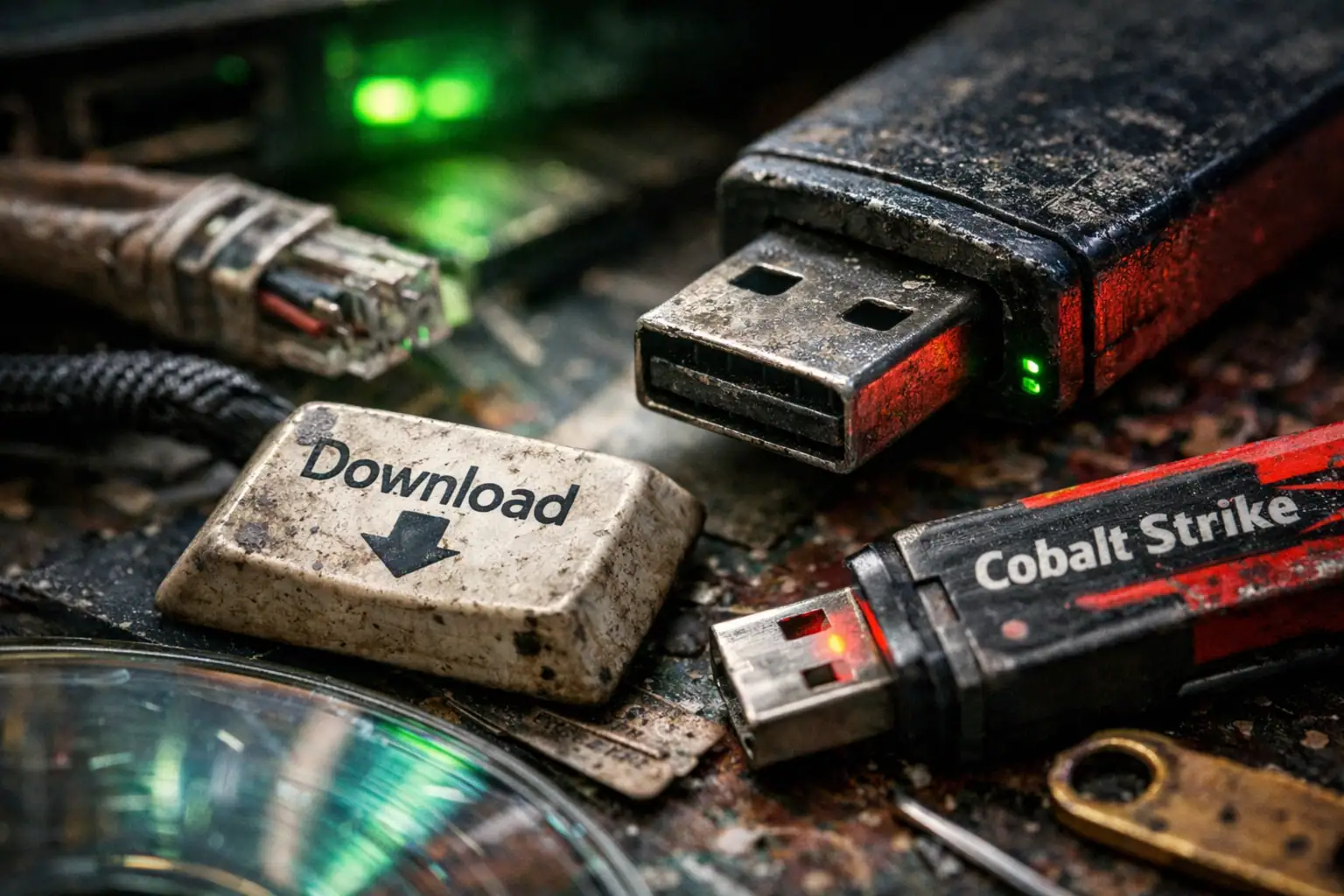 USB-накопичувачі та кнопка завантаження на старому фоні.