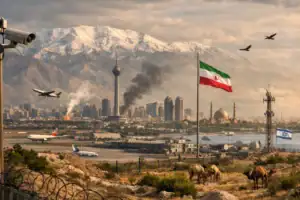 A sprawling city skyline with mountains, flags, and an airport scene.