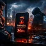 ** Person am Computer mit Smartphone, das auf Installation wartet, in städtischer Nacht.