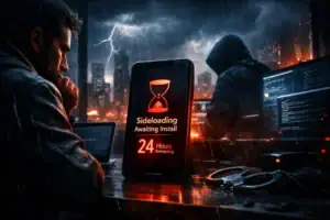 Man looks at phone displaying "Sideloading Awaiting Install" amid a stormy city backdrop.