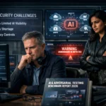 Hombre pensativo frente a una computadora en un entorno de ciberseguridad.