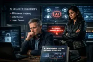 Concerned professionals analyze AI security challenges in a tech environment.