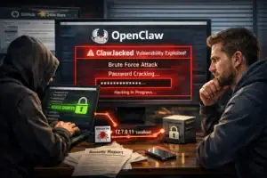 Hacker monitors a screen displaying cybersecurity vulnerabilities and alerts.