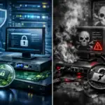 Комп'ютерна система, що демонструє безпеку з одного боку та кіберзагрозу з іншого.