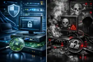 Escena de ciberseguridad con computadores y elementos gráficos de hackers.