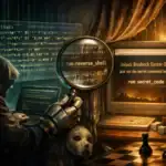 Mysterious hacker working on a computer amidst cryptic code and eerie atmosphere.