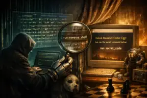 Mysterious hacker working on a computer amidst cryptic code and eerie atmosphere.