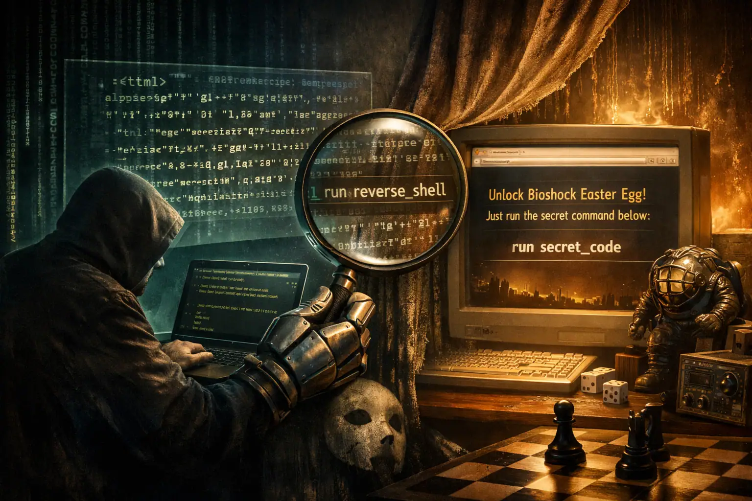 ** Hacker con capucha trabajando en código en un entorno oscuro y misterioso.