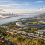 Панорамний вид на Сан-Франциско з архітектурною композицією Apple Park.