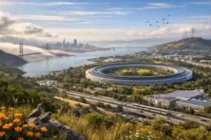 Panoramic view of San Francisco with Apple Park, Golden Gate Bridge, and wildflowers.