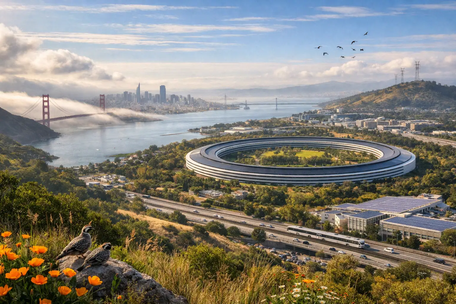 Панорамний вид на Сан-Франциско з архітектурною композицією Apple Park.