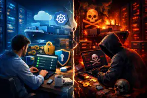 Contrast of cybersecurity and hacking themes, depicting two contrasting figures.