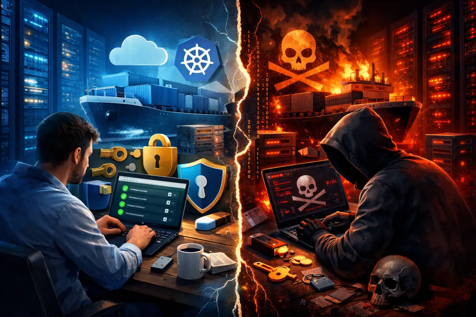 Contrast of cybersecurity and hacking themes, depicting two contrasting figures.
