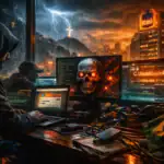 Hacker working at a dimly lit desk surrounded by glowing computer screens during a storm.