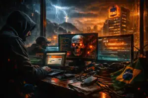 Hacker working at a dimly lit desk surrounded by glowing computer screens during a storm.