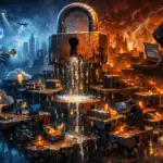 Futuristic scene depicting a robot and hackers in a cyber heist with a giant padlock.