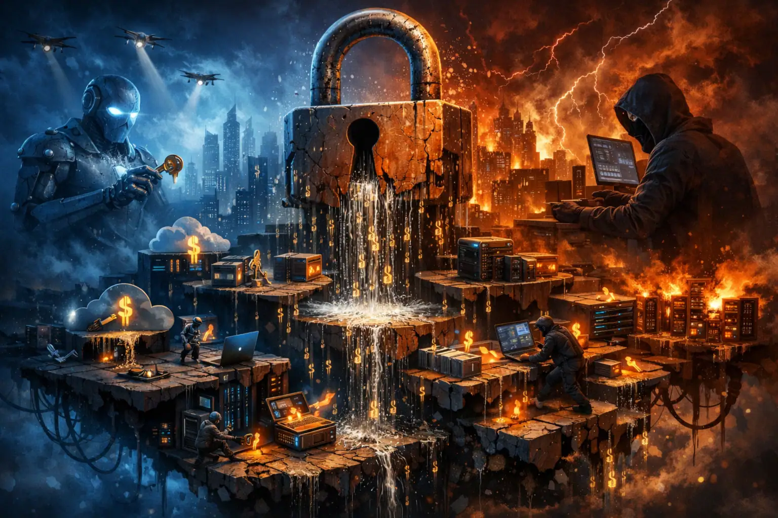 Futuristic scene depicting a robot and hackers in a cyber heist with a giant padlock.