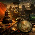 Злодії за комп'ютерами з китайським прапором, шахами та годинником піску.