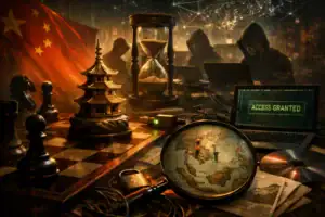 Szene mit Schachbrett, chinesischer Flagge und geheimnisvollen Gestalten am Computer.