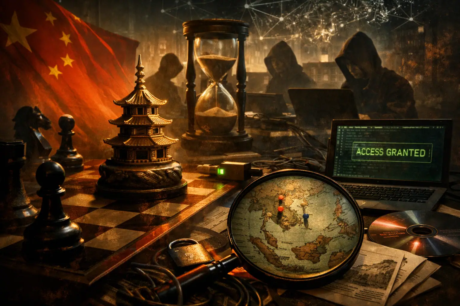 Szene mit Schachbrett, chinesischer Flagge und geheimnisvollen Gestalten am Computer.