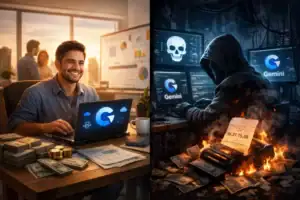 Contrast of a cheerful man at a desk and a hooded figure surrounded by screens.