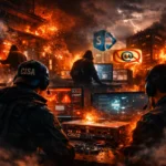 Двоє чоловіків працюють за комп'ютерами на фоні пожеж і хаосу.