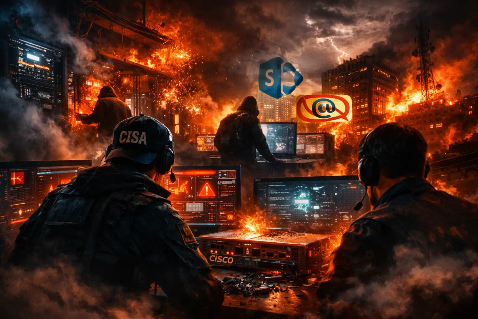 Zwei Personen in Uniformen sitzen an Bildschirmen, während Brände im Hintergrund lodern.