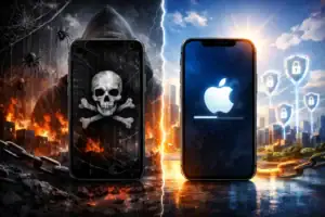 Kontrast zwischen einem düsteren, bedrohlichen Smartphone und einem sicheren, eleganten Apple-Gerät.