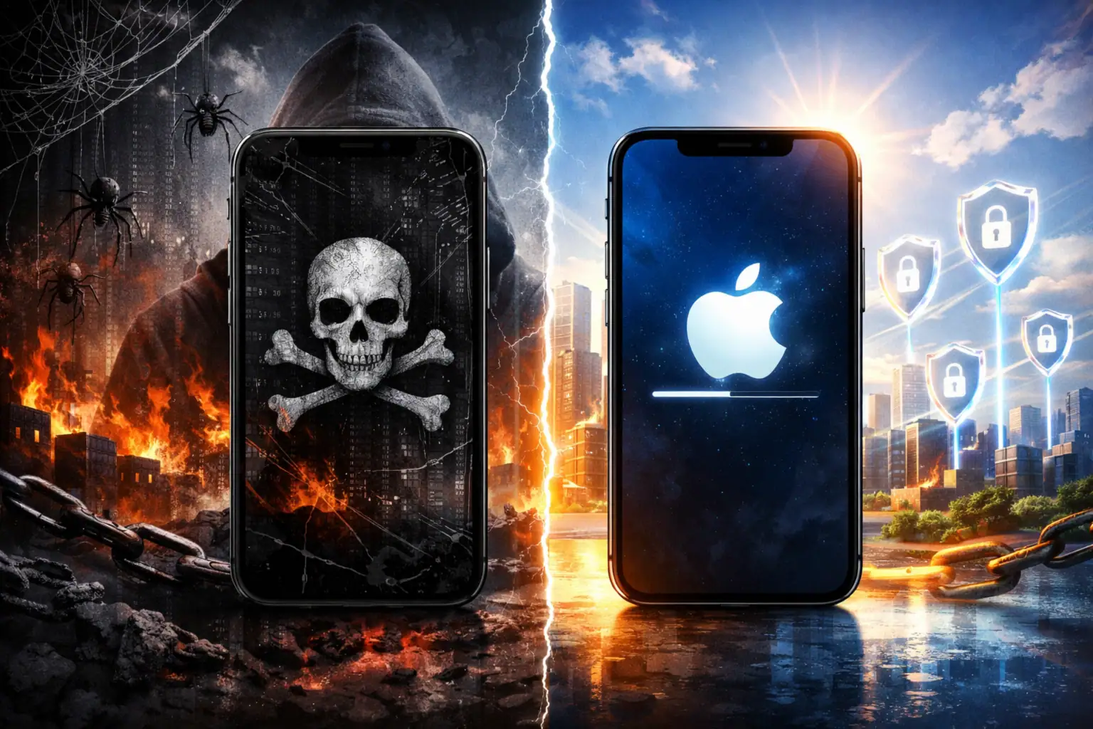 Contrast between dark, chaotic elements and a bright, secure digital world on smartphones.