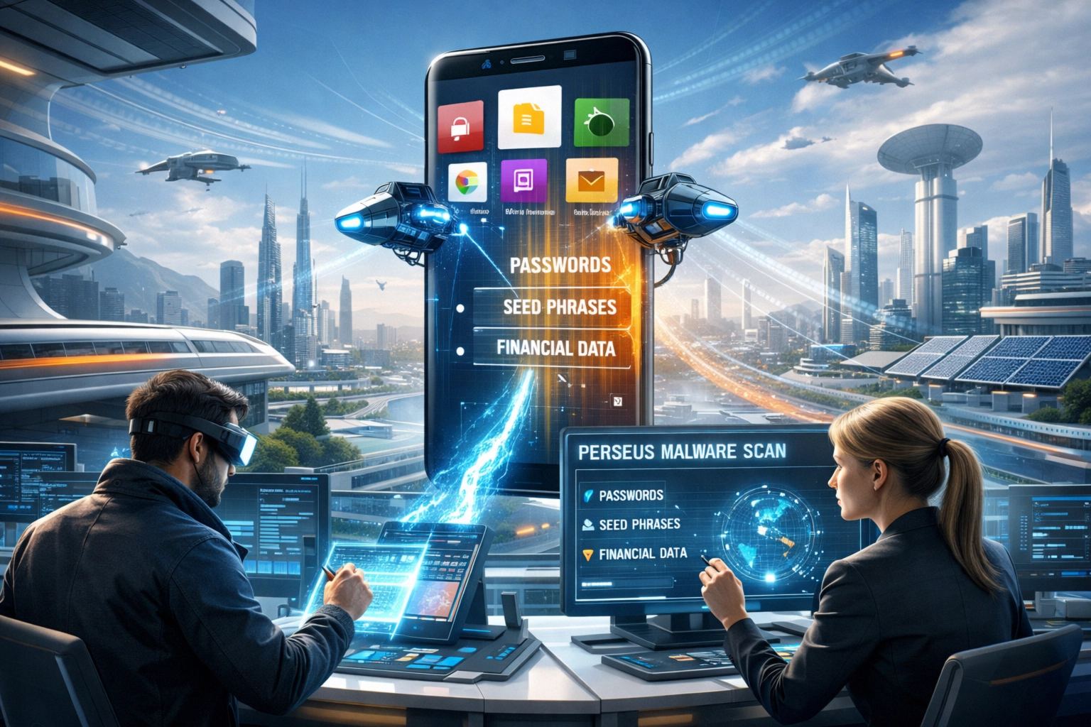 Dos profesionales tecnológicos interactúan con dispositivos futuristas en un entorno urbano.