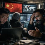 Two operatives react intensely while analyzing data on a laptop in a control room.