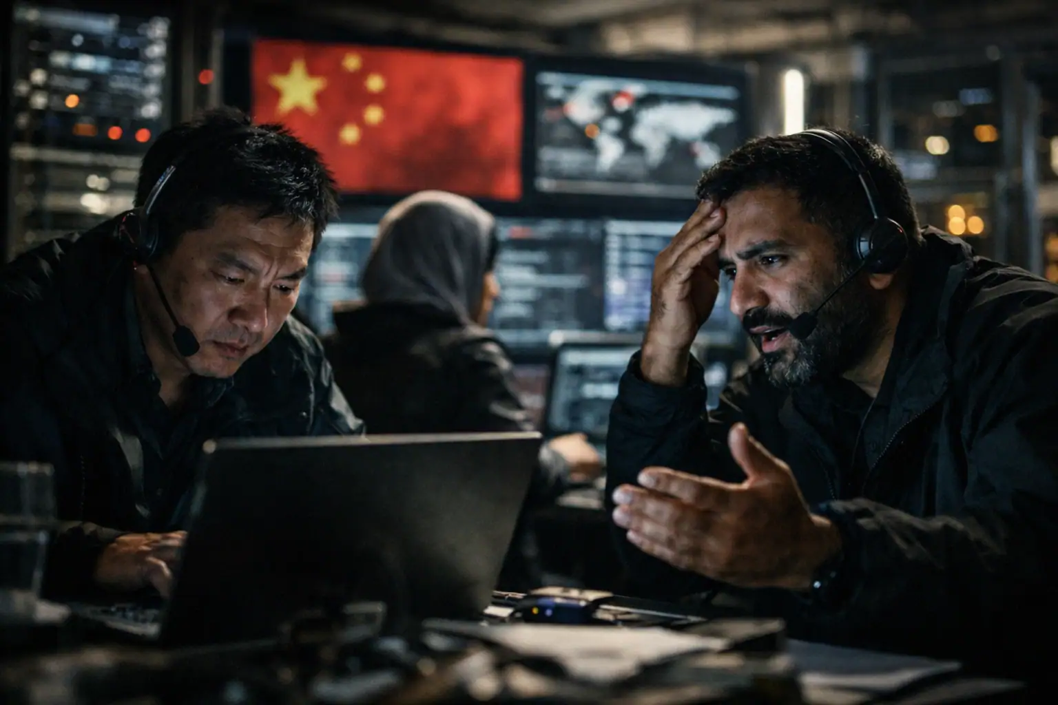 Two operatives react intensely while analyzing data on a laptop in a control room.