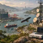 Scenic view featuring a river, city skyline, and technology setup on a rocky ledge.