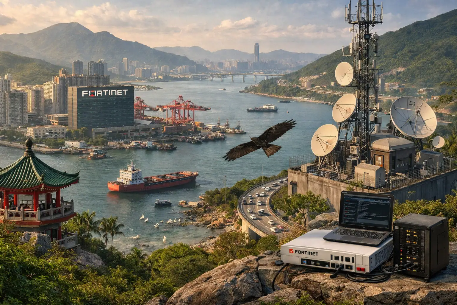 ** Vista panorámica de un puerto con tecnología moderna y paisaje natural.