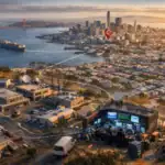 Vista panorámica de la ciudad con un equipo de monitoreo en primer plano.