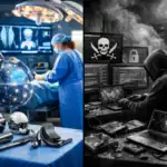 Medical and cyber themes contrast in a split-scene with surgery and hacking.