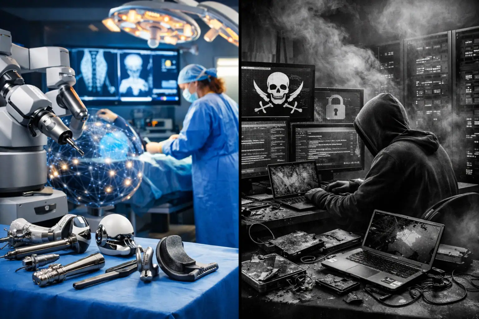 Medizintechnologie und Cyberkriminalität in einem Split-Bild.