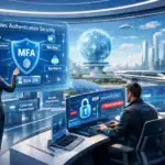 Two professionals engaged in cybersecurity operations with high-tech interfaces.