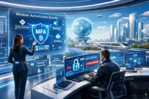 Two professionals engaged in cybersecurity operations with high-tech interfaces.