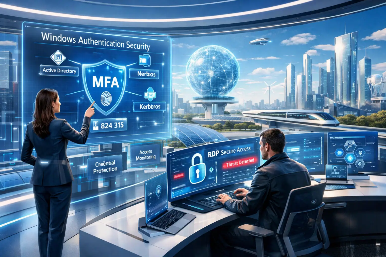 Dos profesionales monitoreando seguridad en sistemas informáticos futuristas.