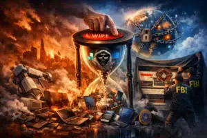 Hand pressing a "Wipe" button above a chaotic scene of destroyed technology.