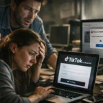Pareja preocupada frente a una computadora con problemas de acceso a TikTok.