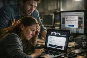 Woman stressed at laptop, man worried, dimly lit room, social media login scene.