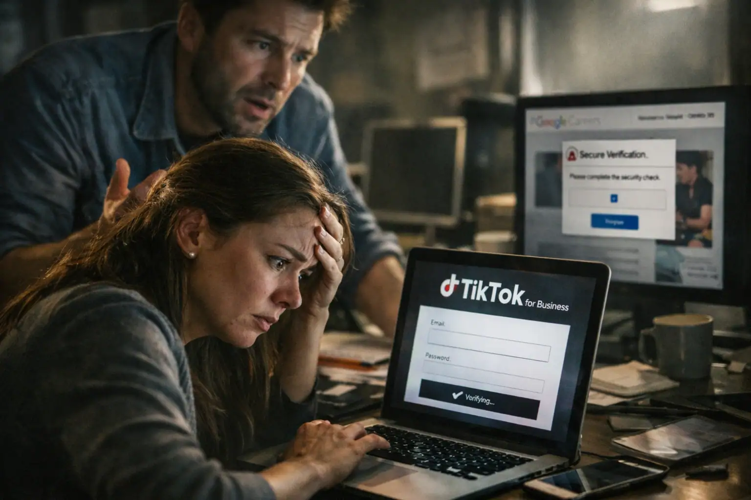 Gestresste Frau am Laptop, während ein Mann besorgt über ihre Schulter schaut.