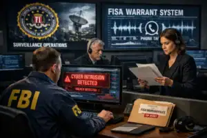 FBI agents monitor a cyber intrusion alert in a high-tech surveillance room.