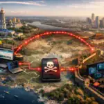 Paisaje urbano con elementos tecnológicos y una alerta de ciberseguridad.