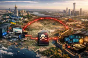 Digital landscape merging cybersecurity elements with urban and natural vistas.